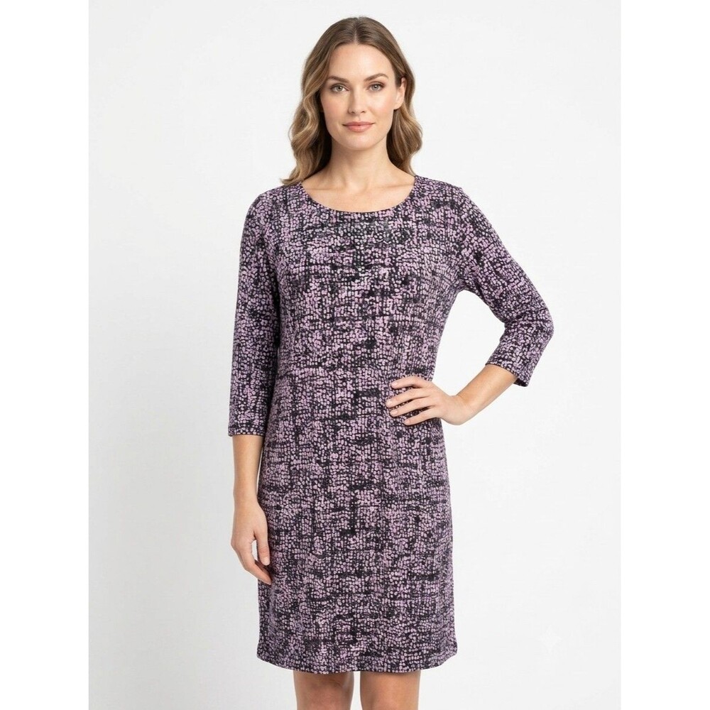 Jones New York Dress Womens Size L Purple Beaded Stretch Shift Pullover 3/4 Sl